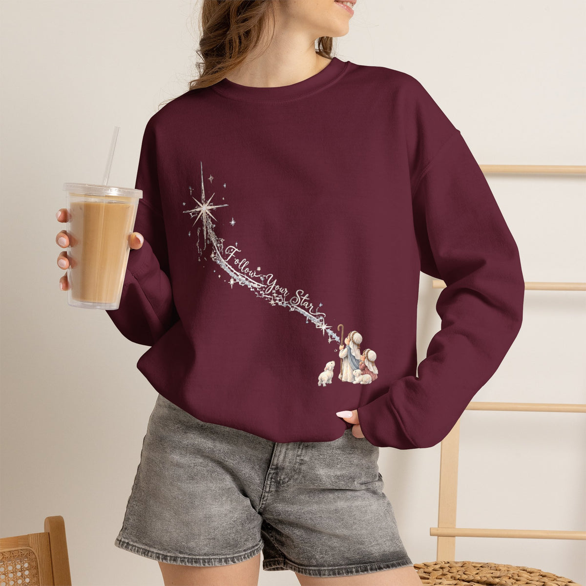Follow Your Star Christmas crewneck sweatshirt in maroon with nativity shooting star design