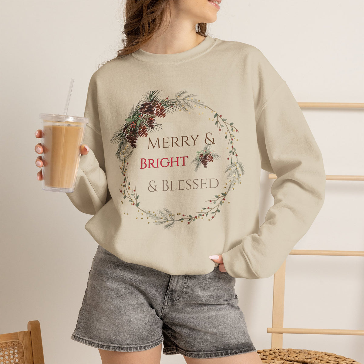 Merry & Bright & Blessed crewneck sweatshirt in Sand/Beige with pine wreath design