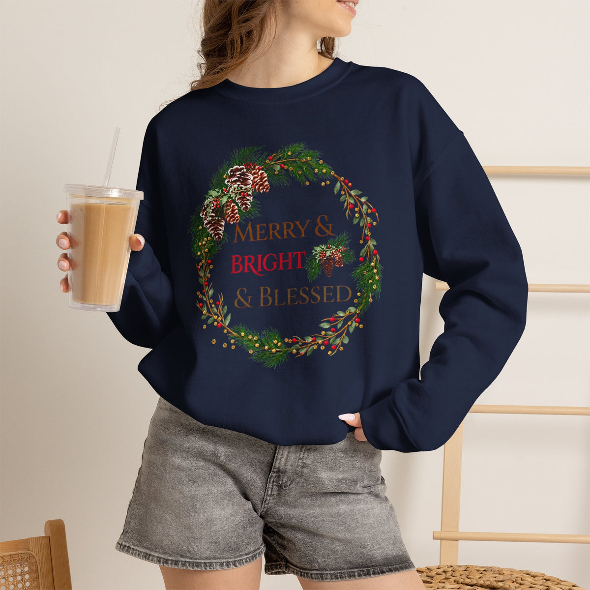 Merry & Bright & Blessed crewneck sweatshirt in Navy with vibrant holiday wreath