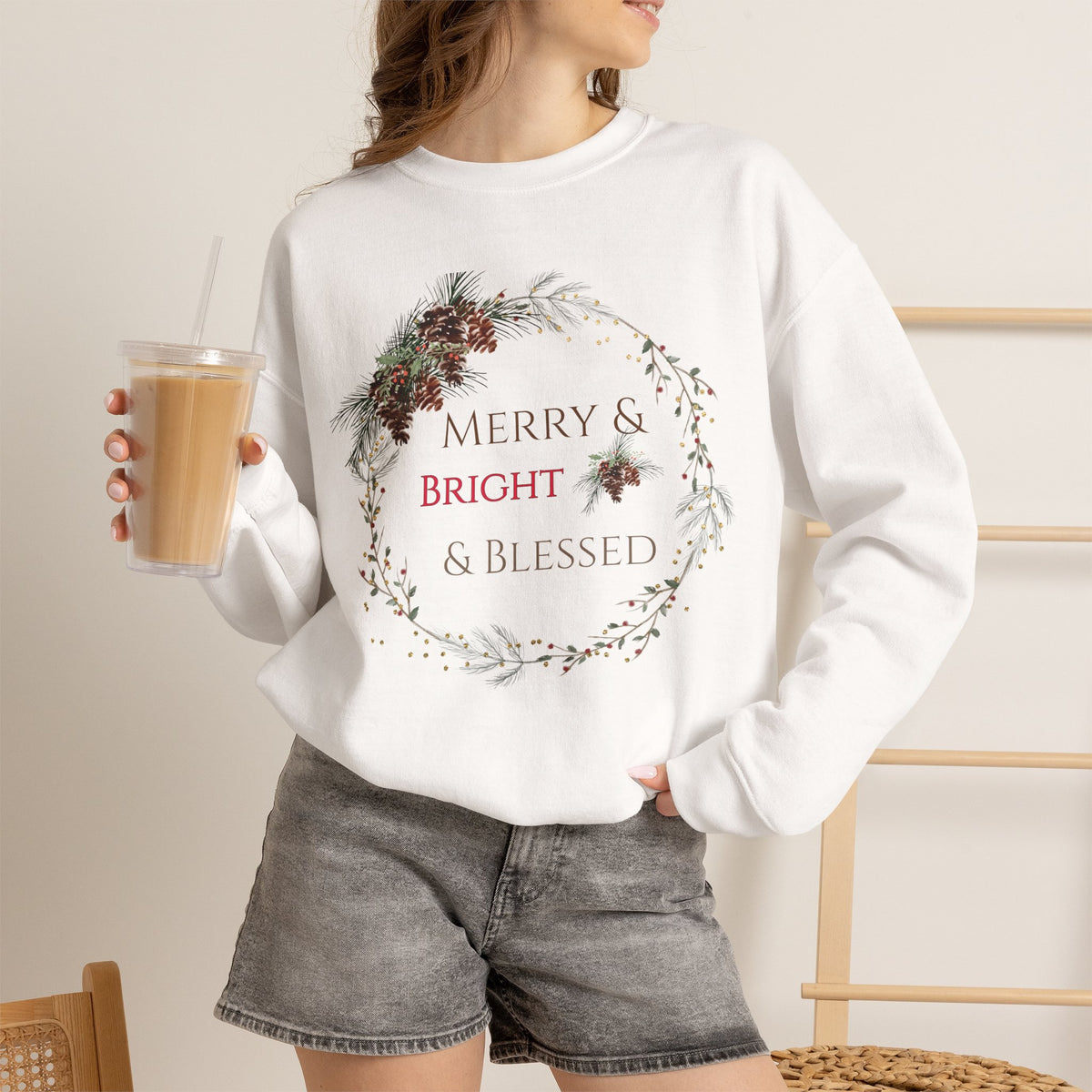 Merry & Bright & Blessed crewneck sweatshirt in White with pine wreath design