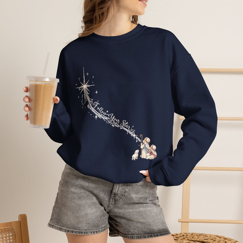 Follow Your Star Christmas crewneck sweatshirt in navy with nativity shooting star design