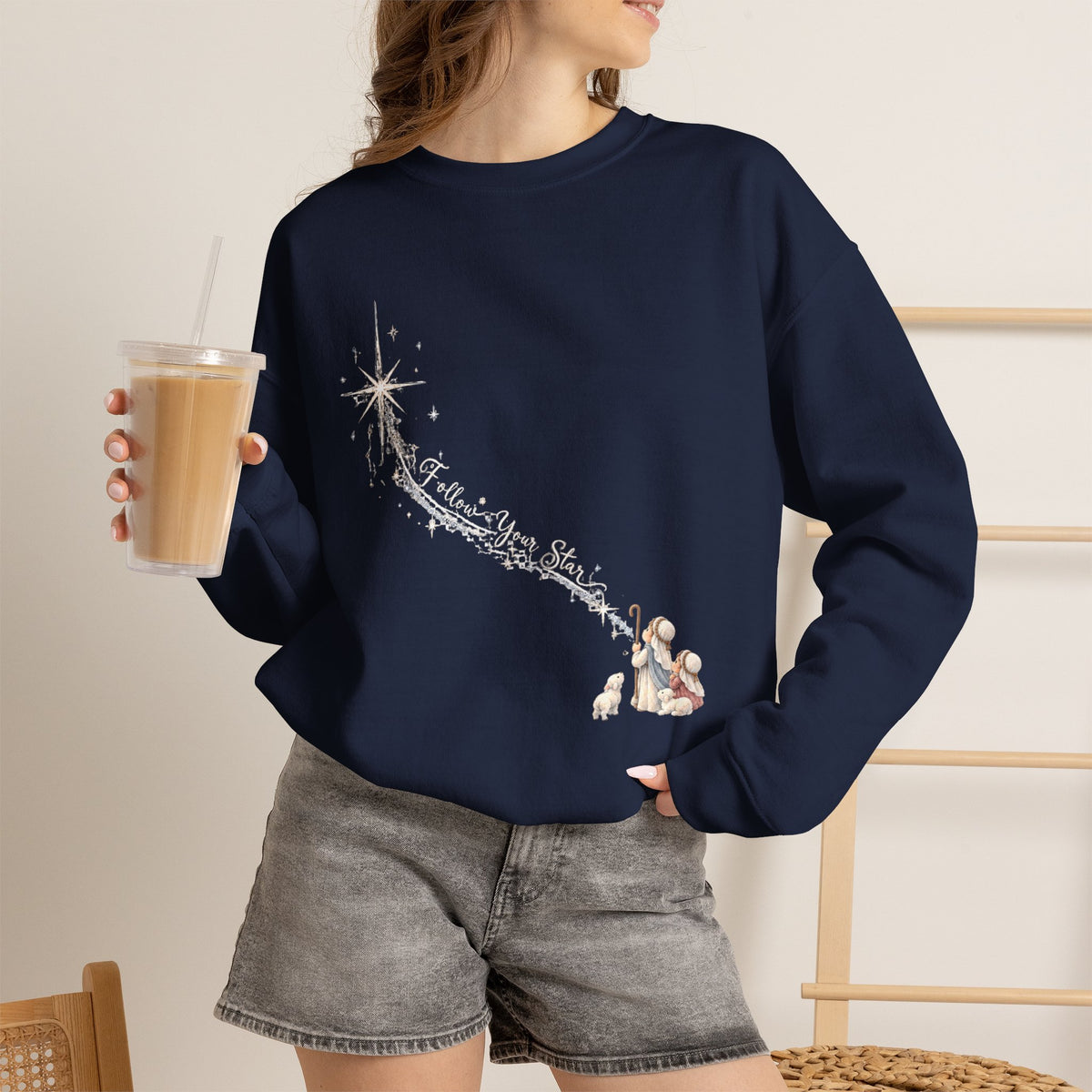 Follow Your Star Christmas crewneck sweatshirt in navy with nativity shooting star design