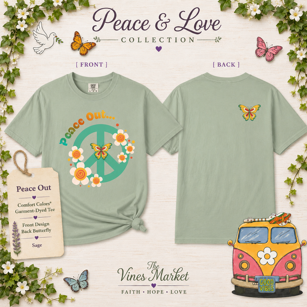 Peace and Love Retro Floral Peace Sign Tee with ‘Peace Out…’ for Her