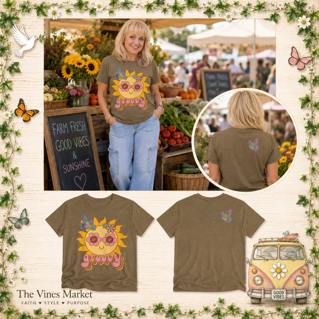 Peace and Love Groovy Sunflower Tee — 70s Retro Sun Graphic For Her