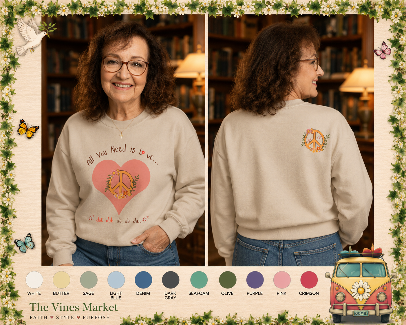 Peace and Love:  Retro All You Need is Love Sweatshirt -- For Her