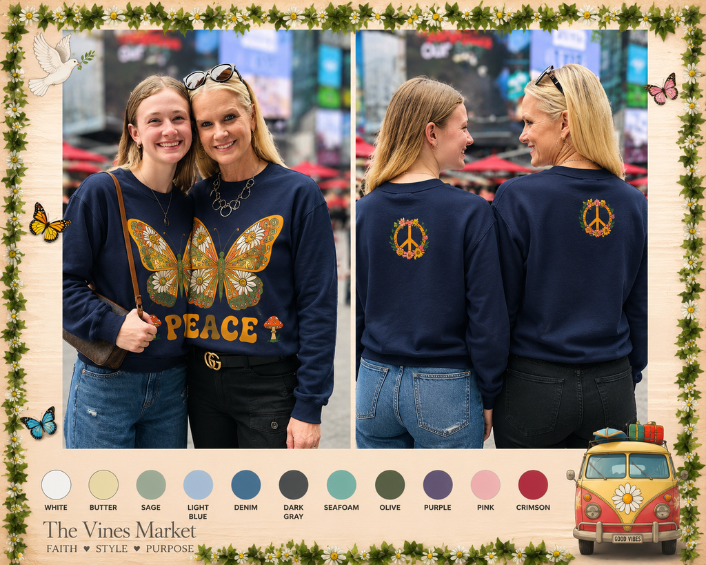 Peace and Love Butterfly Crewneck Sweatshirt — Retro Floral for Her