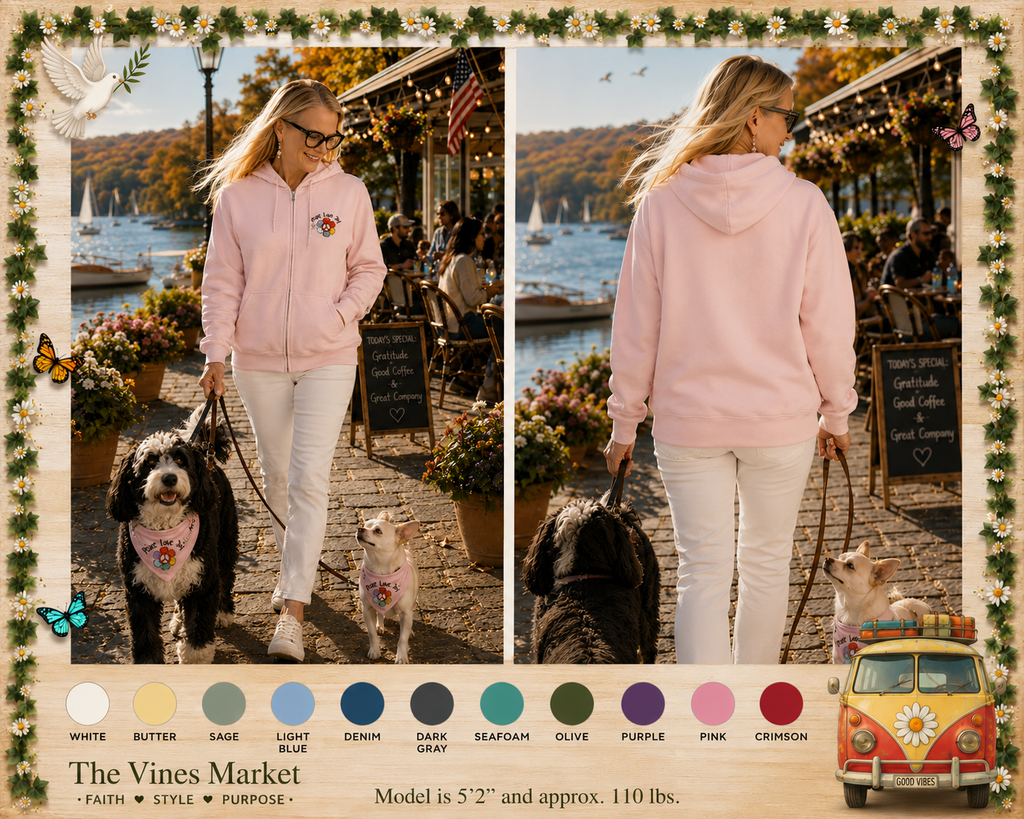 Peace and Love Embroidered Zippered Hoodie -- For Her