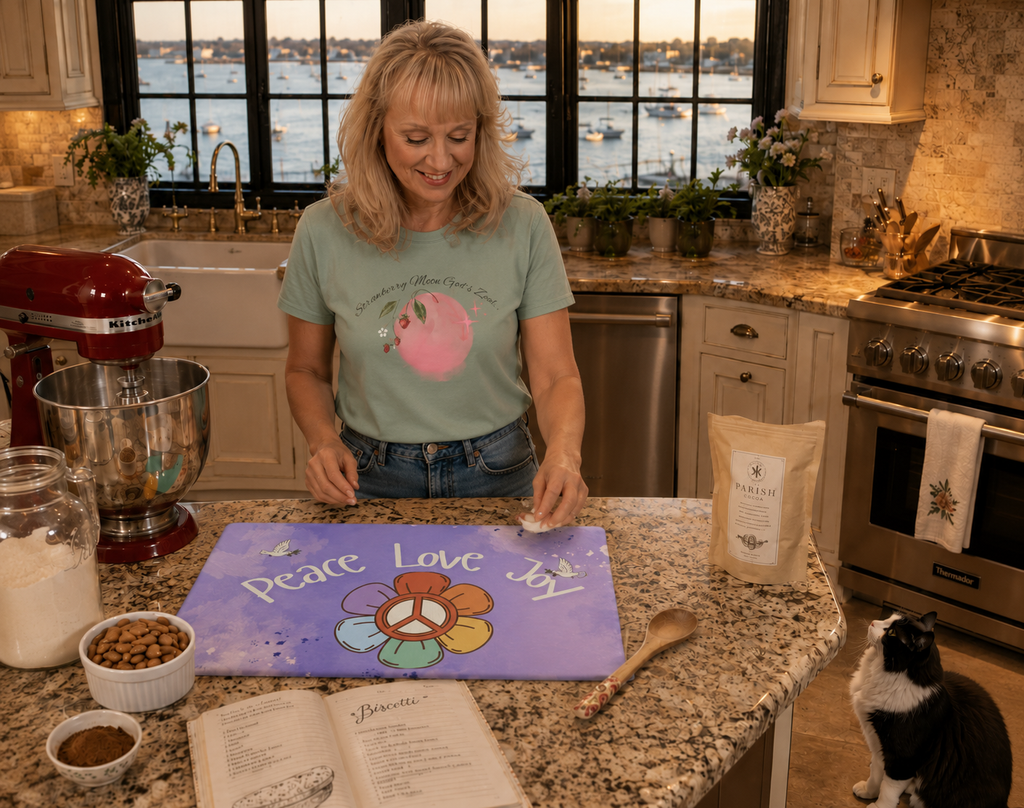 Peace Love Joy Glass Cutting Board — Retro Flower Peace Sign Kitchen Decor