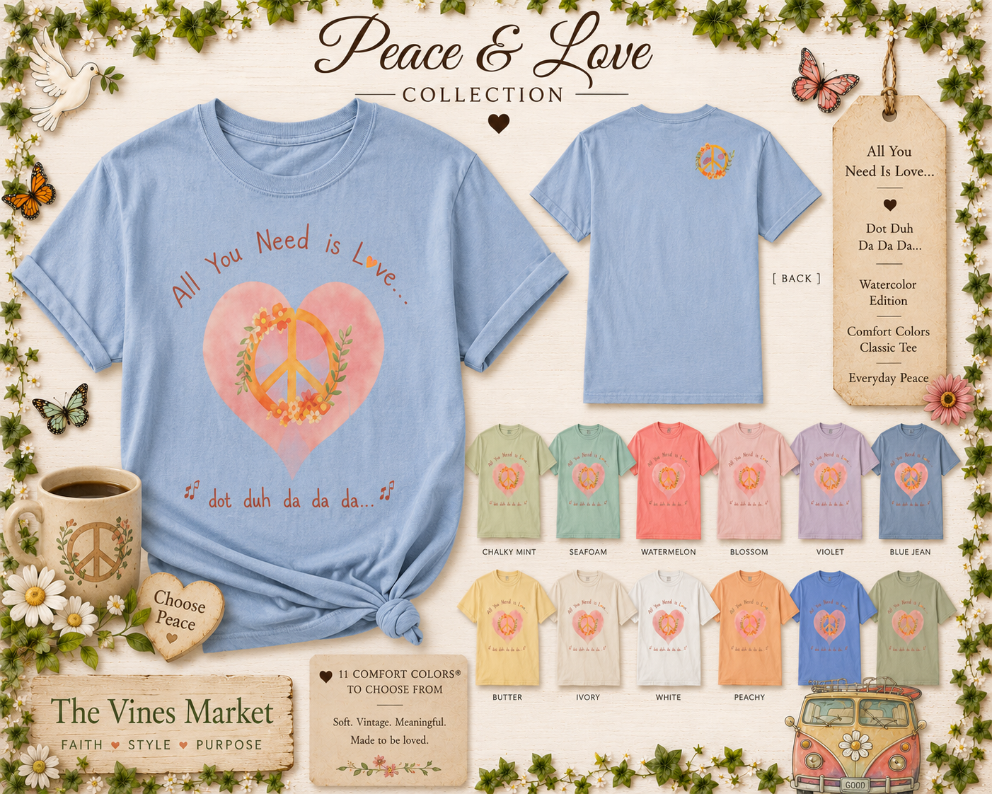 Peace and Love — Watercolor All You Need Is Love Tee — For Her