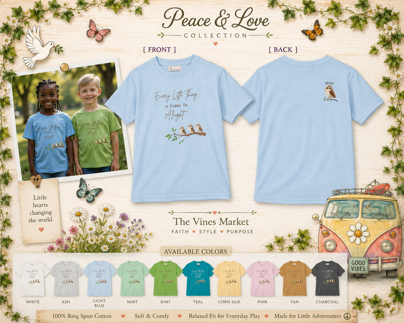 Peace and Love Kids Unisex Tee Shirt:  Every Little Thing is Gonna Be Alright