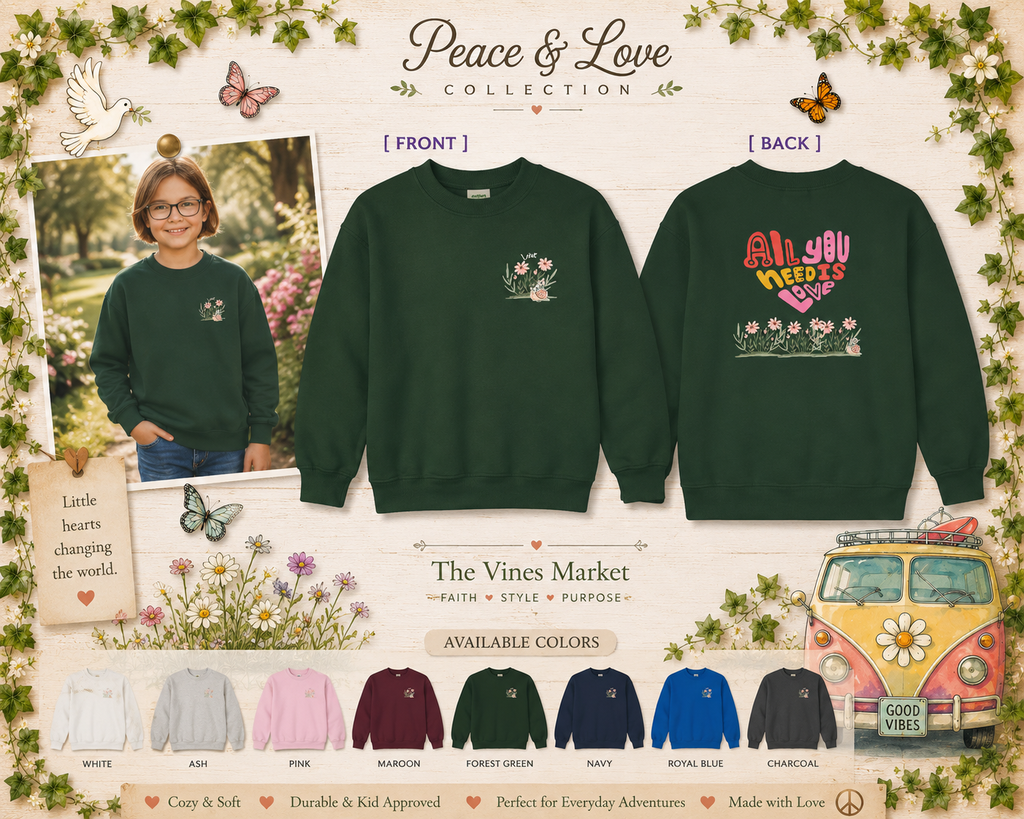 Peace and Love for Kids:  Girls Crewneck Sweatshirt:  All You Need is Love