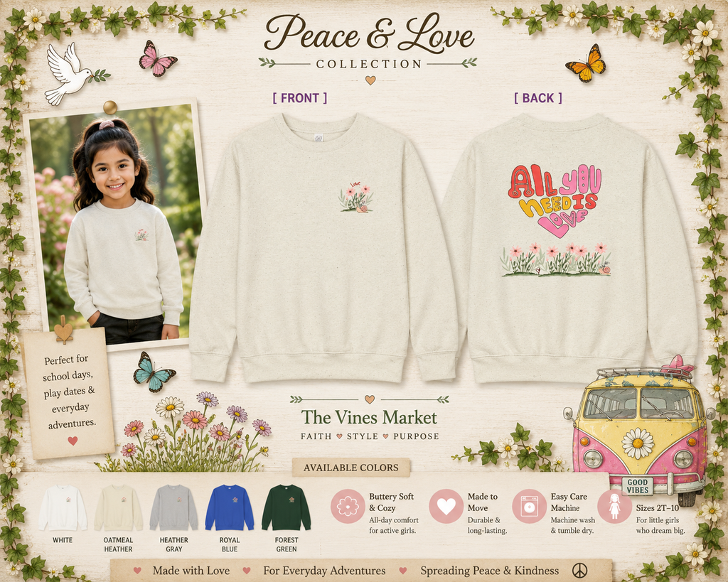 Peace and Love Toddler Retro Sweatshirt:  All You Need is Love
