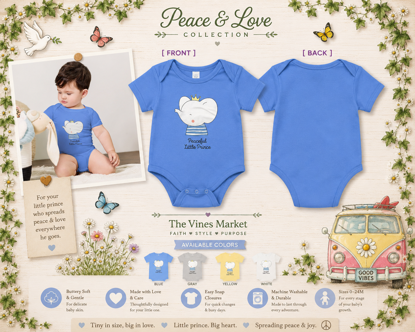 Peaceful Little Prince Baby Boy Onesie – Soft Cotton Body Suit Gentle Baby Boy Gift