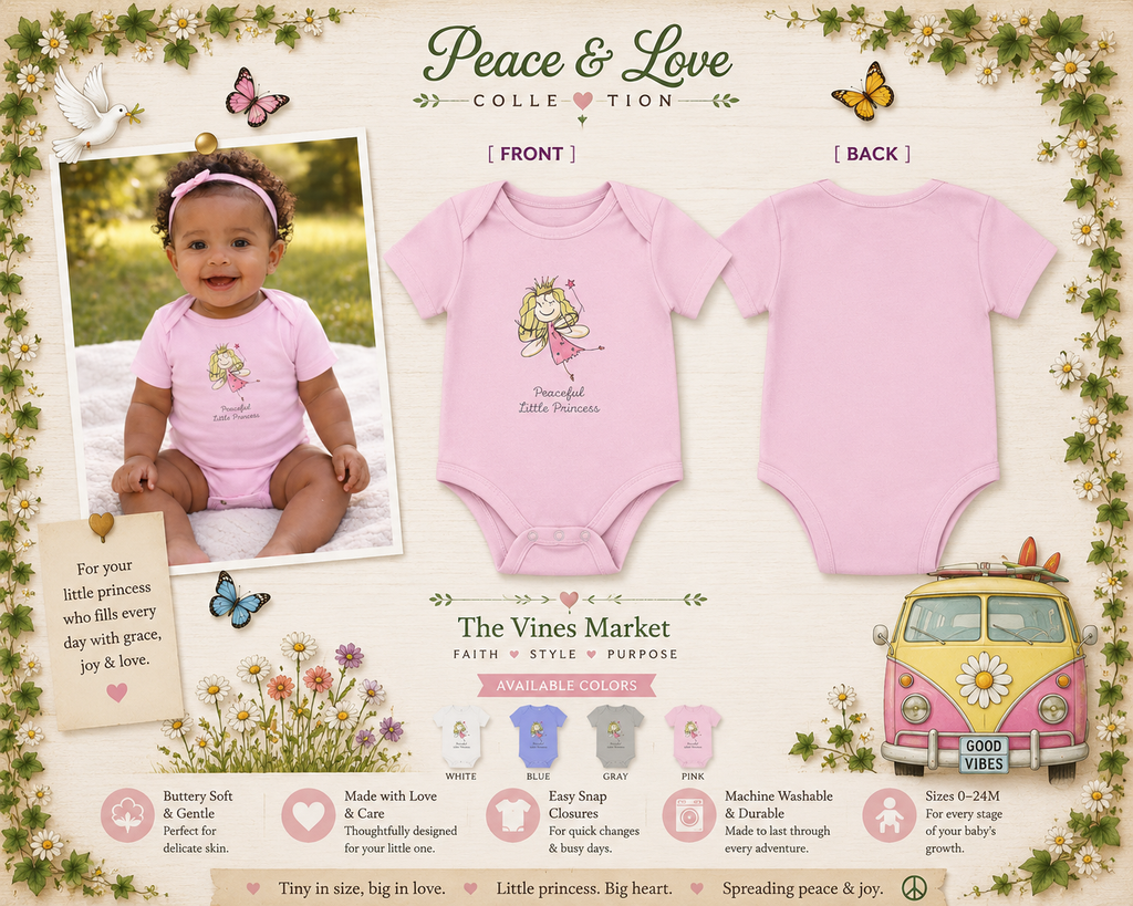 Peace and Love Peaceful Little Princess Baby Girl Onesie – Soft Cotton Body Suit Gentle Baby Gift