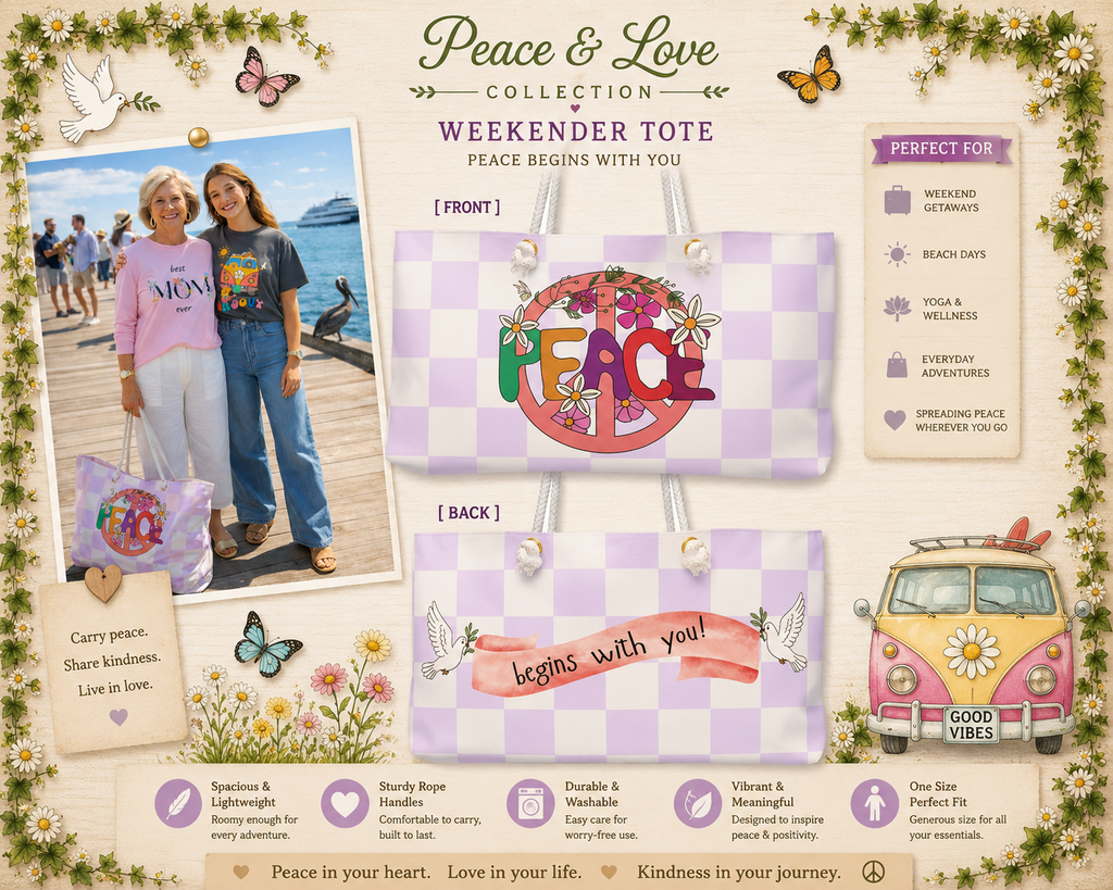 Peace and Love Weekender Bag or Tote: Peace Begins With You | Pastel Checkerboard For Her