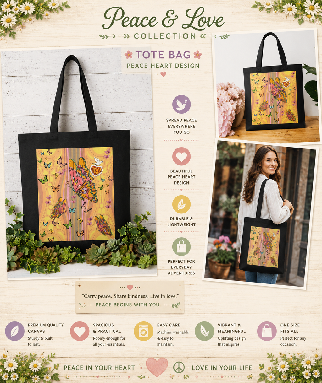 Peace and Love Cotton Canvas  Butterfly Tote — "My Peace I Give You" St. John 14:27 For Her
