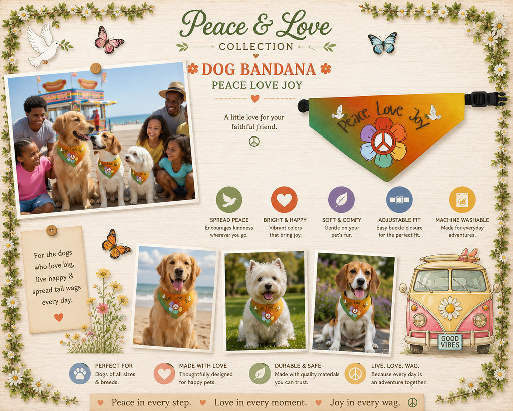 Peace Love Joy Clip-On Pet Bandana — Tie-Dye Flower & Peace Sign Collar Accessory