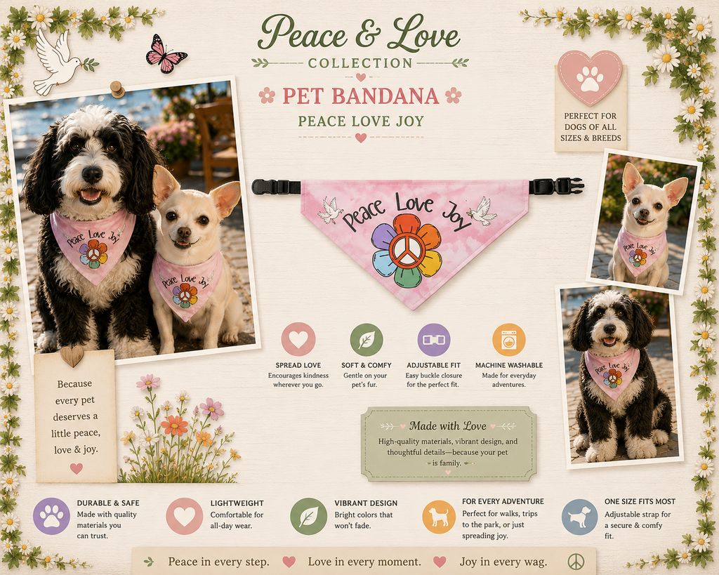 Peace and Love Clip-On Pet Bandana — Pink Peace Love Joy for Your Pup