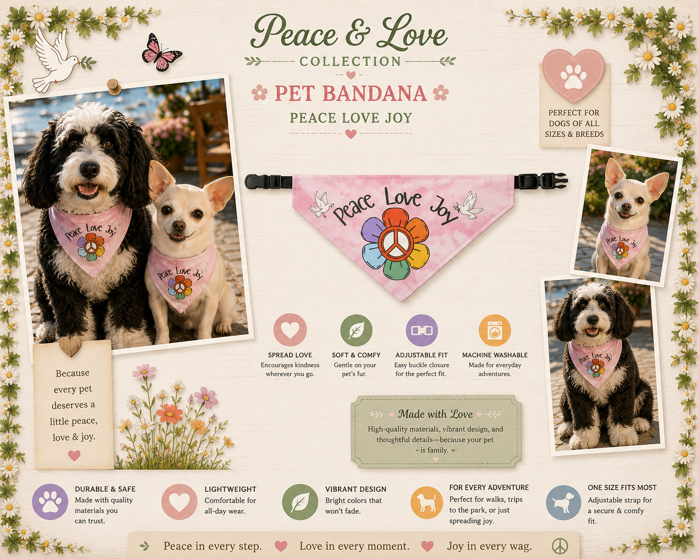 Peace and Love Clip-On Pet Bandana — Pink Peace Love Joy for Your Pup