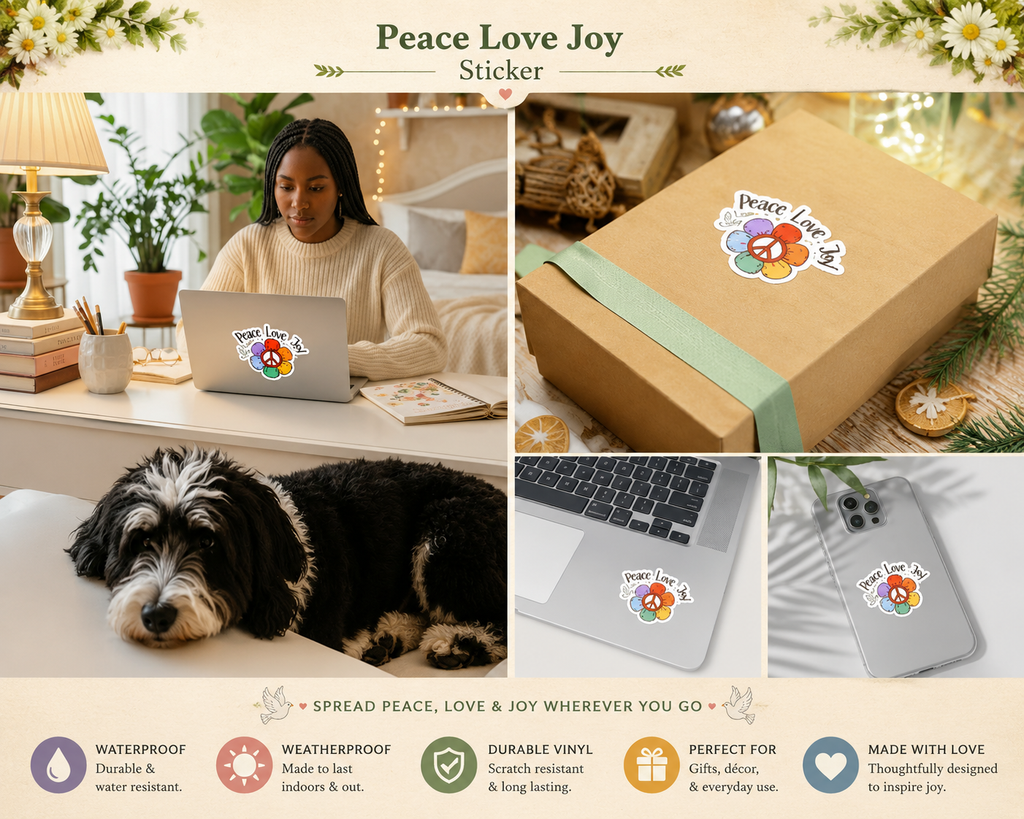 Peace Love Joy Kiss-Cut Sticker — Retro Flower Peace Sign Sticker for Laptops, Water Bottles & Journals