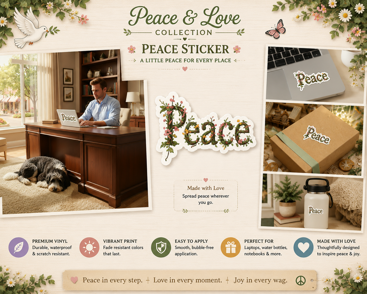 Peace Floral Sticker — Kiss-Cut Decorative Laptop & Water Bottle Decal
