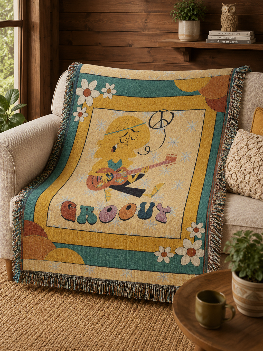 Peace and Love Groovy 70s Hippie Guitar Throw Blanket — Retro Teal & Mustard Woven Blanket