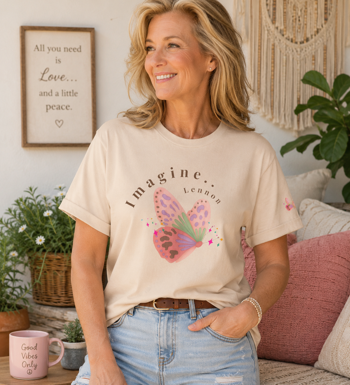 Peace and Love Imagine Tee | John Lennon 70's Butterfly Graphic T-Shirt