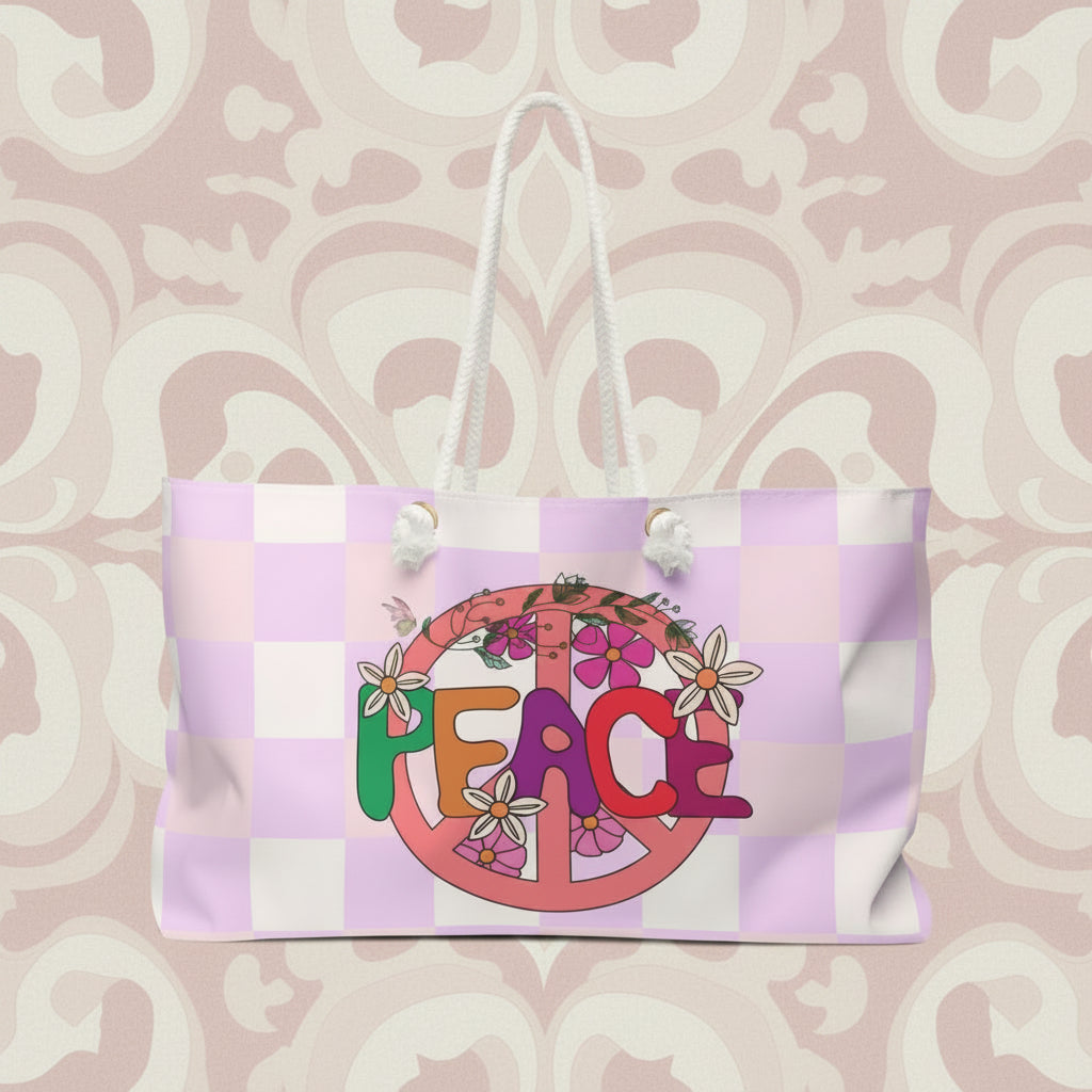 Peace and Love Weekender Bag or Tote: Peace Begins With You | Pastel Checkerboard For Her