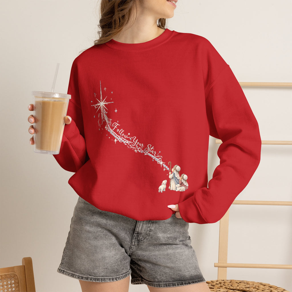 Follow Your Star Christmas crewneck sweatshirt in red with nativity shooting star design