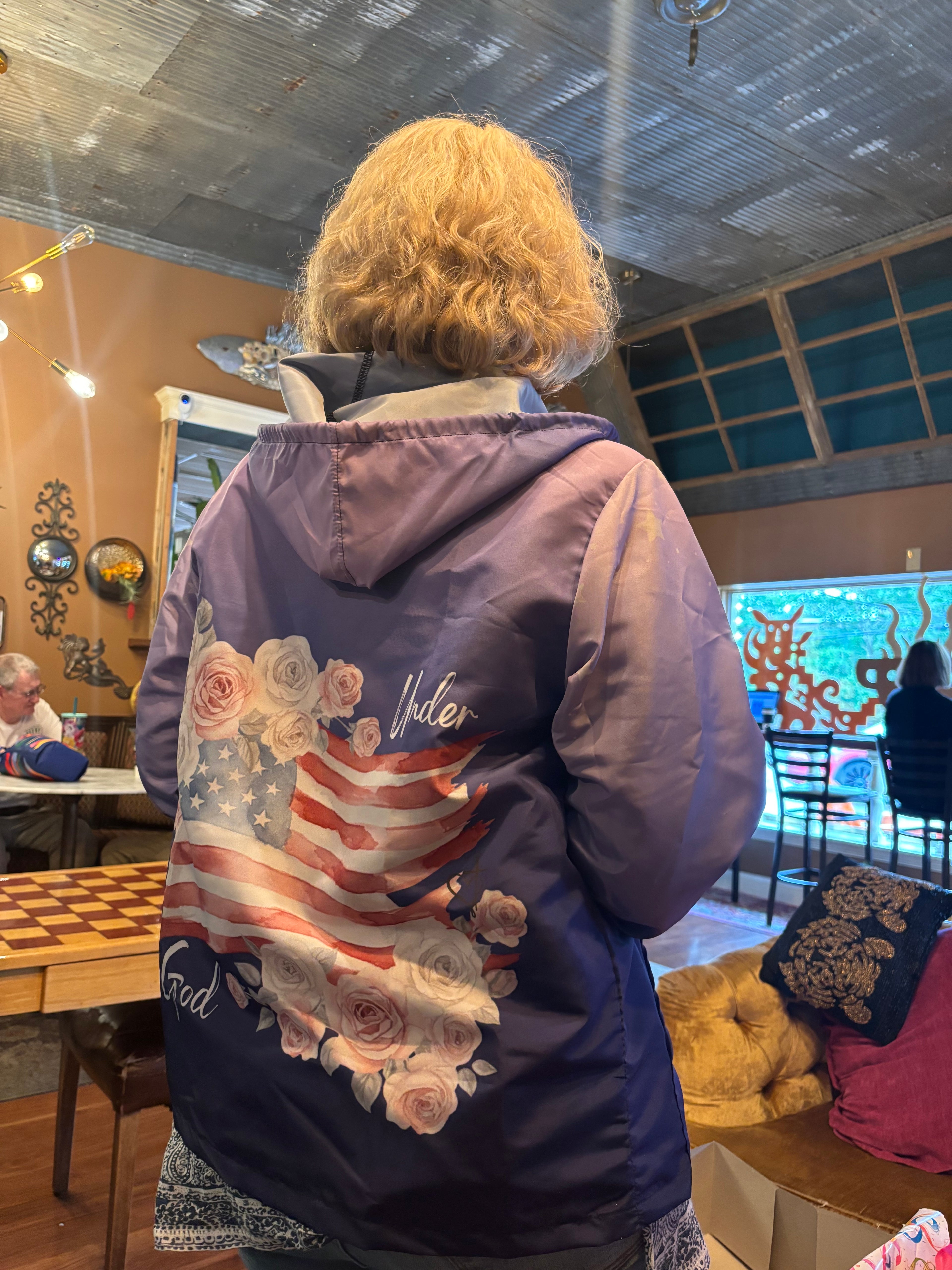 Customer wearing Under God Purple Windbreaker Jacket - real customer photo