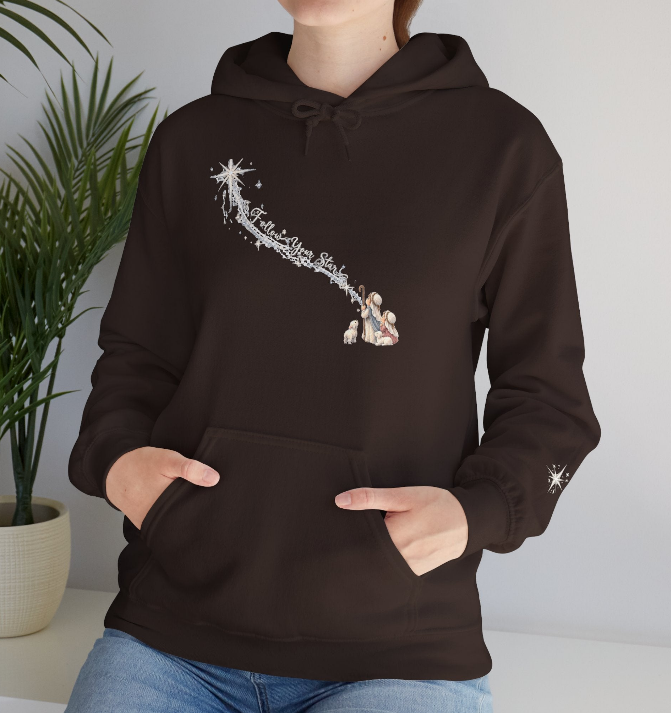 Follow Your Star Christmas hoodie in dark chocolate brown with nativity shooting star design and star sleeve detail