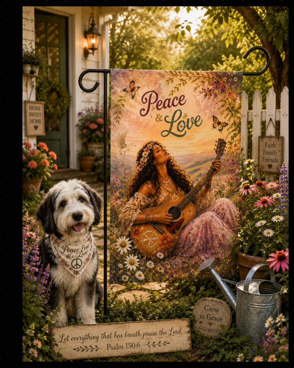 Peace & Love boho garden banner with woman playing guitar, butterflies, and Psalm 150:6 scripture in a cottage garden setting